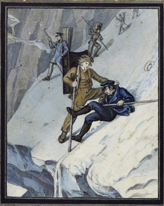 Martin Disteli: Hugis Sturz auf dem Rottalgletscher, 1830